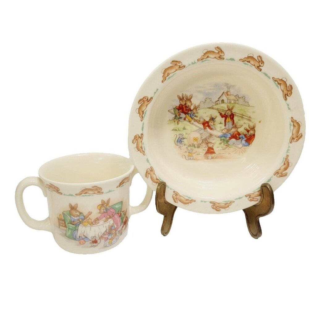 Vtg Bunnykins Bunny Rabbit Doulton On The Playground Seesaw Bowl Tea Time Cup